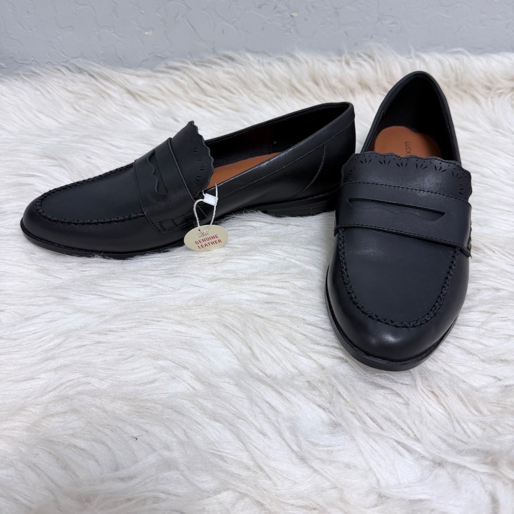 NEW Lucky Brand Womens Black Leather Penny Loafers Scalloped Flats 10M Shoes